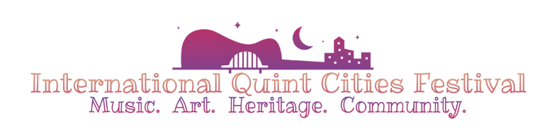 Logo that shows a purple outline of a bandshell with a city skyline and a crescent moon behind it and text that says International Quint Cities Festival: Music, Art, Heritage, Community