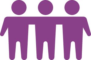 Purple icon of three people standing with their arms on each others' shoulders